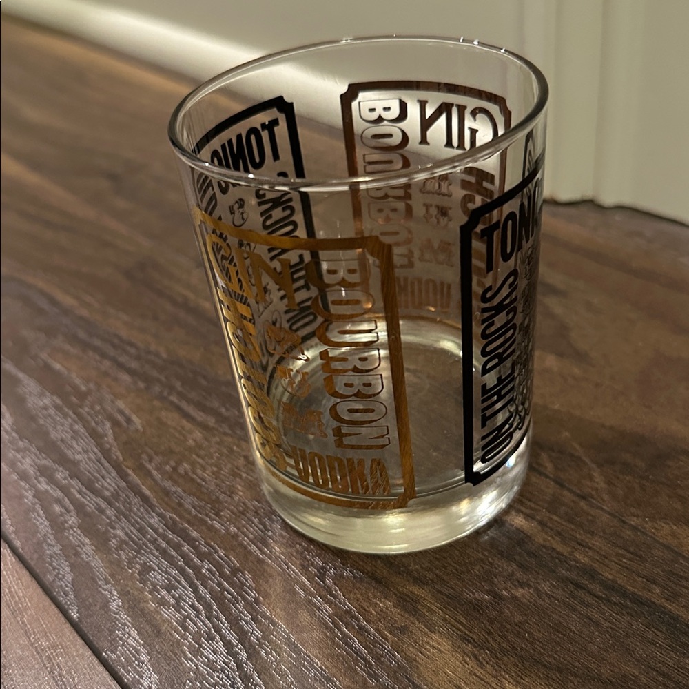 Vintage Glass Rocks glass with different alcohol cocktail names recipes on it